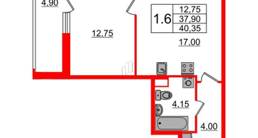 1-к. квартира, 37 м²
