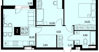 2-к. квартира, 61&nbsp;м²