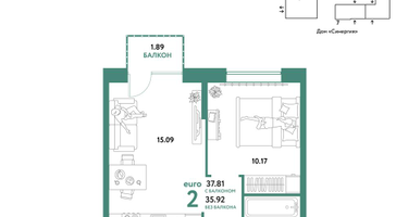 2-к. квартира, 37&nbsp;м²