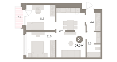 2-к. квартира, 57&nbsp;м²