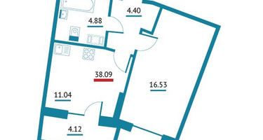 1-к. квартира, 38&nbsp;м²