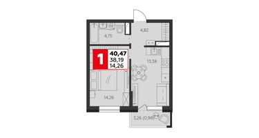 1-к. квартира, 38&nbsp;м²