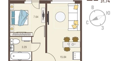1-к. квартира, 31&nbsp;м²
