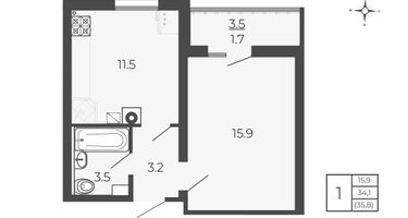1-к. квартира, 35&nbsp;м²