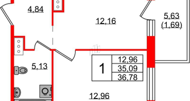 1-к. квартира, 36&nbsp;м²