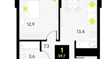 1-к. квартира, 39&nbsp;м²