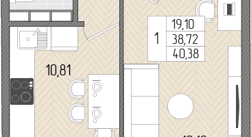 1-к. квартира, 40&nbsp;м²