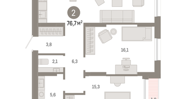 2-к. квартира, 76&nbsp;м²