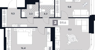 2-к. квартира, 59&nbsp;м²