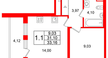 1-к. квартира, 31&nbsp;м²