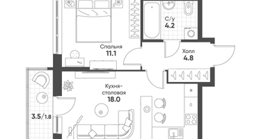 1-к. квартира, 39&nbsp;м²
