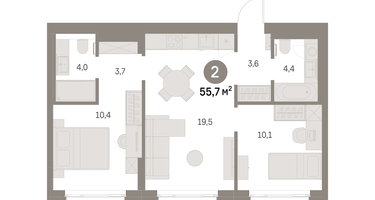 2-к. квартира, 55 м²