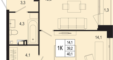 1-к. квартира, 39 м²