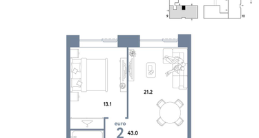 2-к. квартира, 43&nbsp;м²