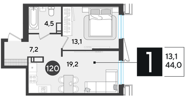 1-к. квартира, 43 м²