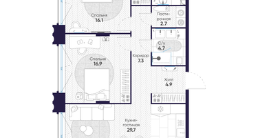 2-к. квартира, 89 м²