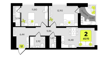 2-к. квартира, 65&nbsp;м²