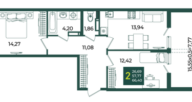 2-к. квартира, 66 м²