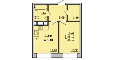 1-к. квартира, 35&nbsp;м²