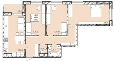 3-к. квартира, 91&nbsp;м²