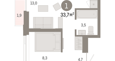 1-к. квартира, 33 м²