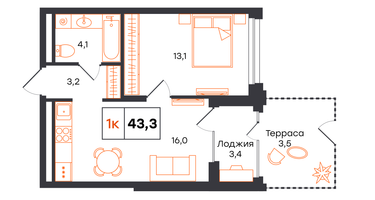1-к. квартира, 43&nbsp;м²