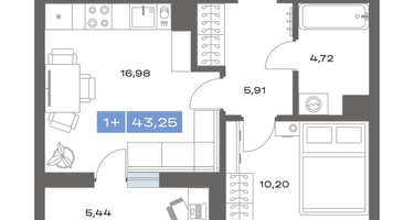 1-к. квартира, 43&nbsp;м²