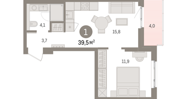 1-к. квартира, 39&nbsp;м²