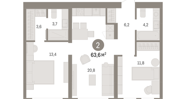 2-к. квартира, 63&nbsp;м²