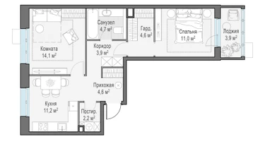 2-к. квартира, 57&nbsp;м²