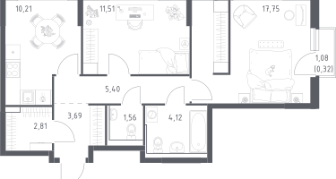 2-к. квартира, 57&nbsp;м²