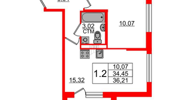 1-к. квартира, 34&nbsp;м²