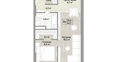 1-к. квартира, 46&nbsp;м²