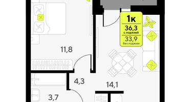 1-к. квартира, 36 м²