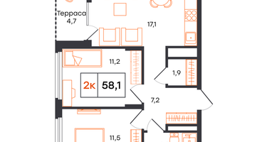 2-к. квартира, 58 м²