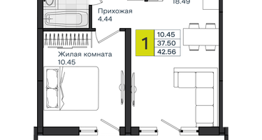 1-к. квартира, 42&nbsp;м²