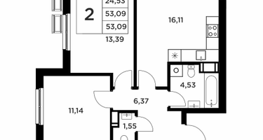 2-к. квартира, 53&nbsp;м²