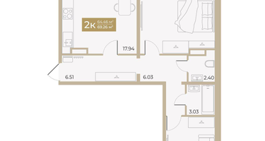 2-к. квартира, 64&nbsp;м²