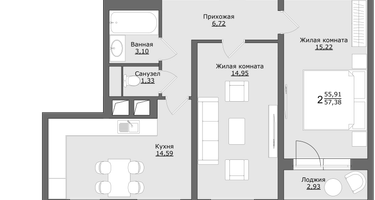 2-к. квартира, 57&nbsp;м²