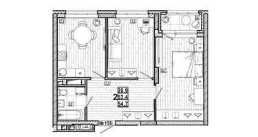 2-к. квартира, 54&nbsp;м²