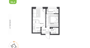 1-к. квартира, 36&nbsp;м²