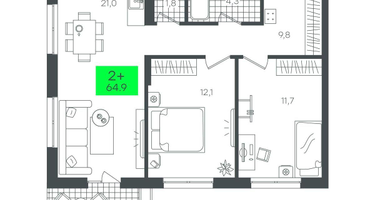 2-к. квартира, 64&nbsp;м²