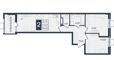 2-к. квартира, 56 м²