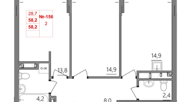 2-к. квартира, 58 м²