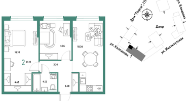 2-к. квартира, 61 м²