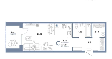 Студия, 38&nbsp;м²