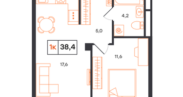 1-к. квартира, 38&nbsp;м²