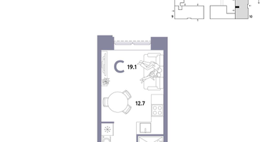 1-к. квартира, 19 м²