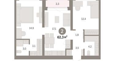 2-к. квартира, 62 м²