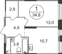 1-к. квартира, 34&nbsp;м²